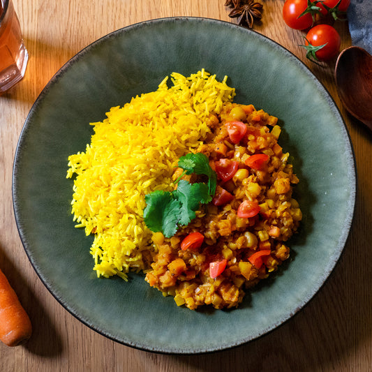 Dal de lentilles, patates douces et riz