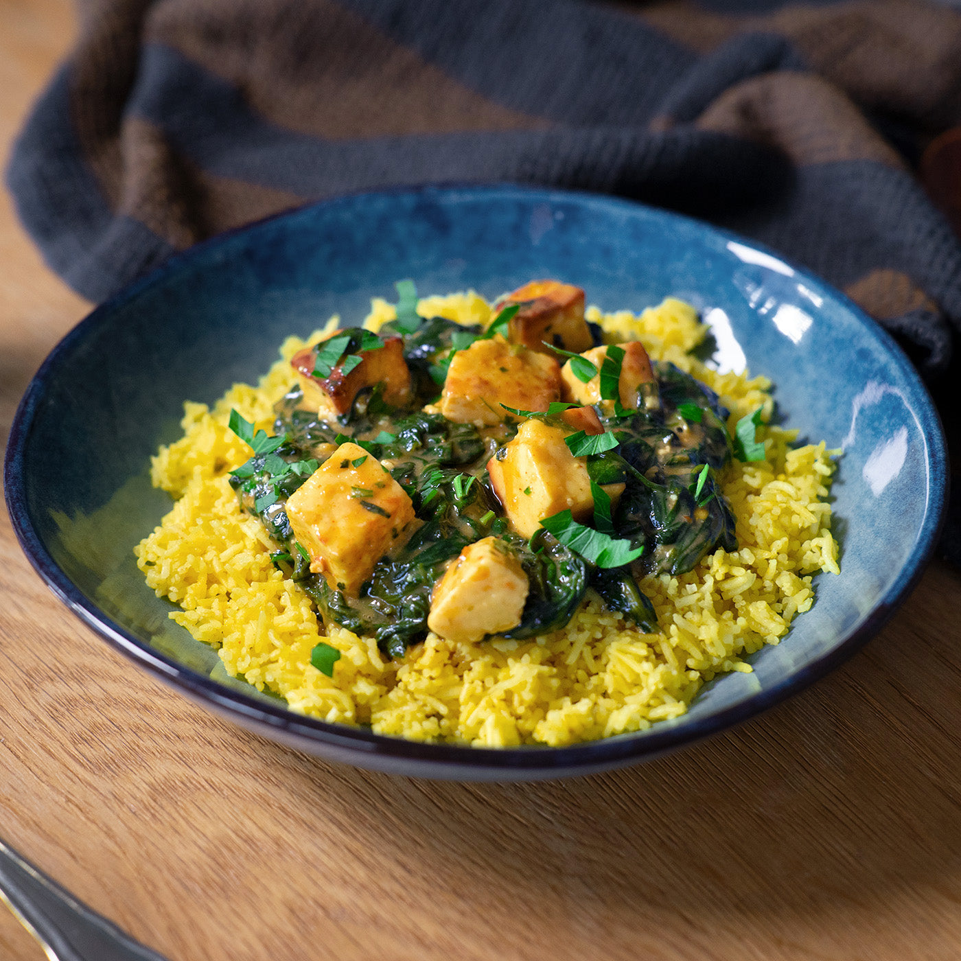 Palak paneer with spiced rice