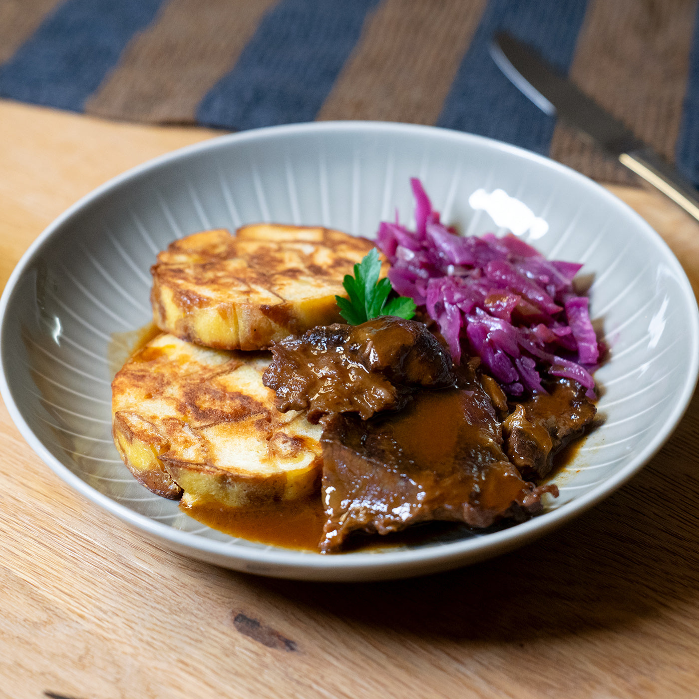 Beef cheeks with pretzel dumplings