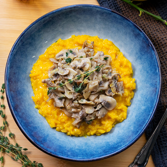 Saffron risotto with sautéed mushrooms