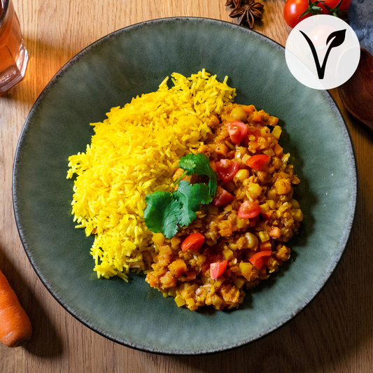 Lentil dal with sweet potatoes and rice