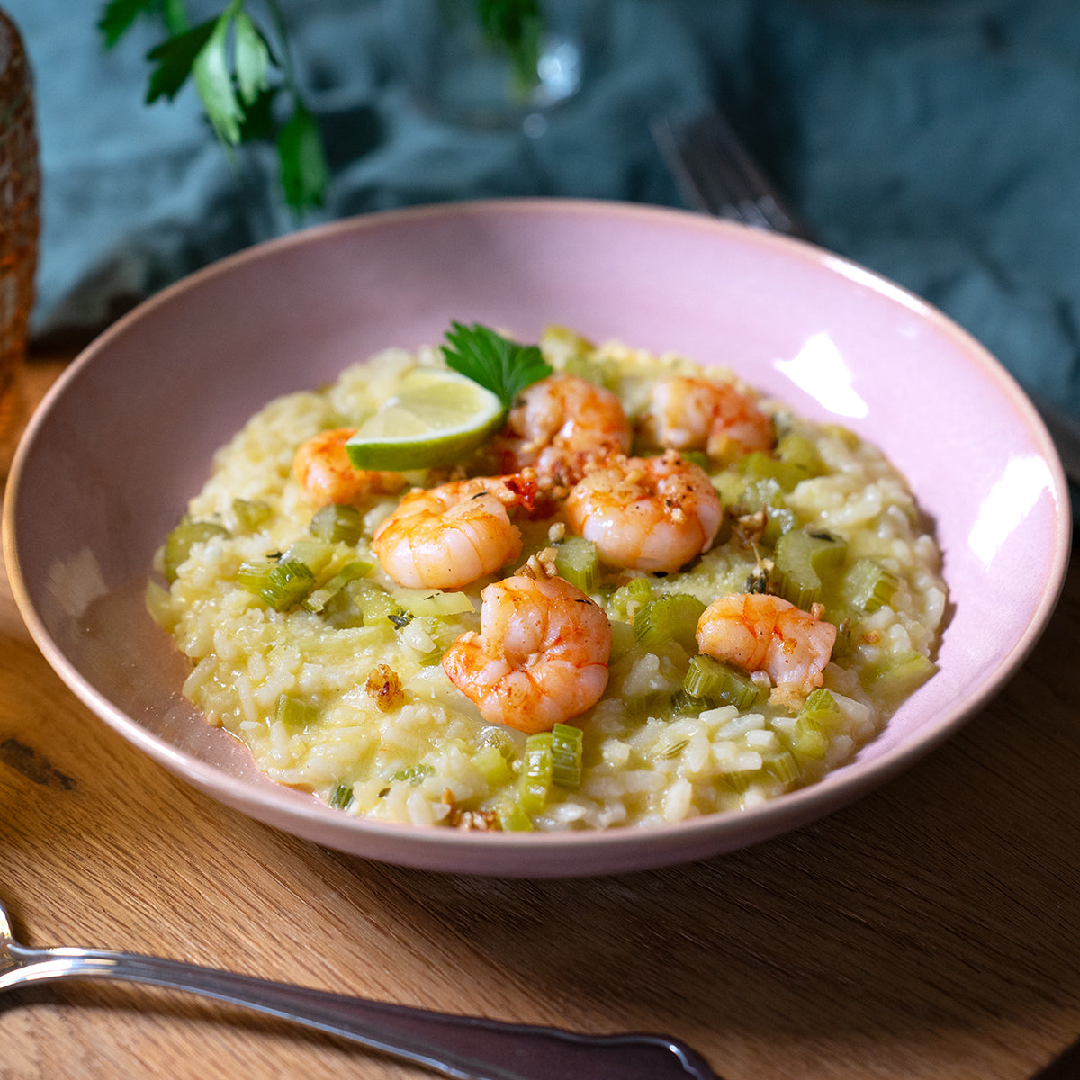 Lemon risotto with Selva shrimps and celery