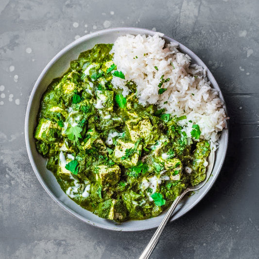 Palak paneer with spiced rice