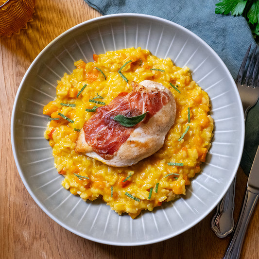 Chicken saltimbocca with lemon risotto